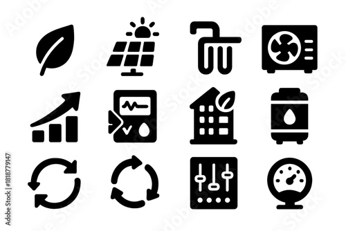 Sustainable Heating Icons. Solid style icons of sustainable heating: eco leaf, solar panel, geothermal pipe, heat pump, energy