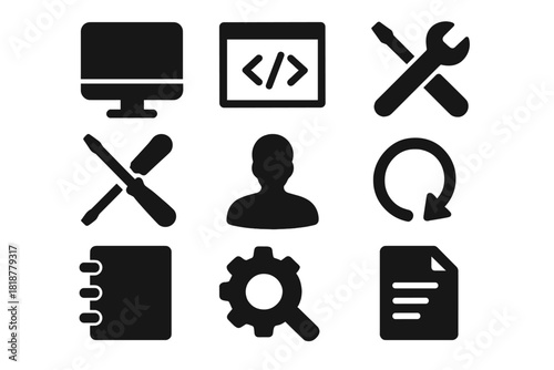 Legacy System Icons. Solid style icons of legacy system maintenance: computer monitor, code window, wrench, screwdriver, human