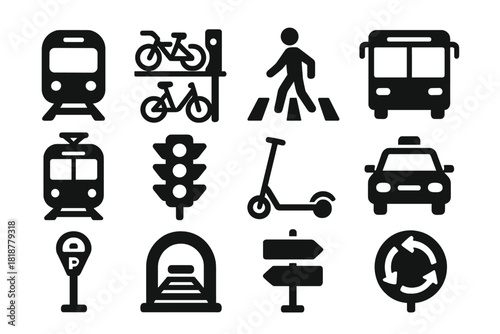 Urban Transport Icons. Solid style icons of Urban Transport: metro train, bike sharing station, pedestrian crosswalk, bus, tram,