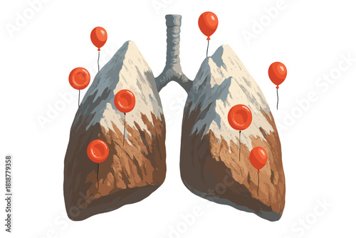 Mountainous Lungs. High-altitude physiology scene with lungs shaped like mountains, glowing red blood cells carrying oxygen