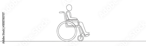 Continuous one thin smooth line simple minimalistic drawing of a person in a wheelchair on a white background