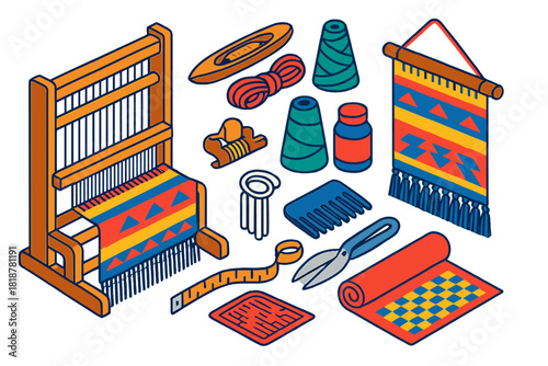 Artisan Weaving Tools. Isometric vector illustration set Artisan Weaving: large loom, shuttle stick with bobbin, thread cone,