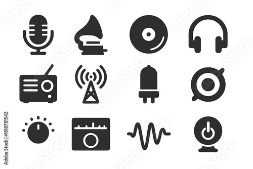 Vintage Broadcast Icons. Solid style icons of Early Broadcasting: Microphone, Gramophone, Vinyl Record, Headset, Radio Box,