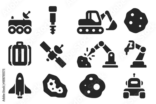 Asteroid Mining Icons. Solid style icons of Asteroid and Lunar Mining: asteroid rover, lunar drill, space excavator, ore sample,