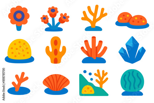 Coral Icon Collection. Flat vector icons of Coral Growth: polyp, budding colony, branching coral, encrusting coral, massive coral,