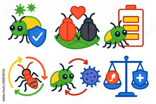 Insect Ecology Diagrams. Isometric vector illustration set Ecological immunology: insect immune response, mating behavior, energy