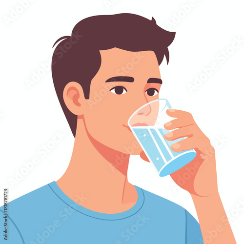 A young man is drinking water from a clear glass, staying hydrated.