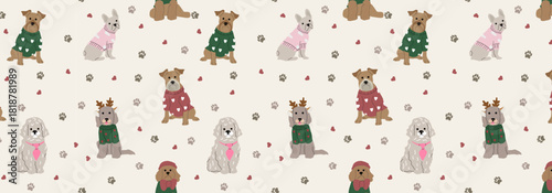Seamless pattern wth dogs, paws, hearts Simple style dog portrait Funny cute dog in costume Pet postcard Vector