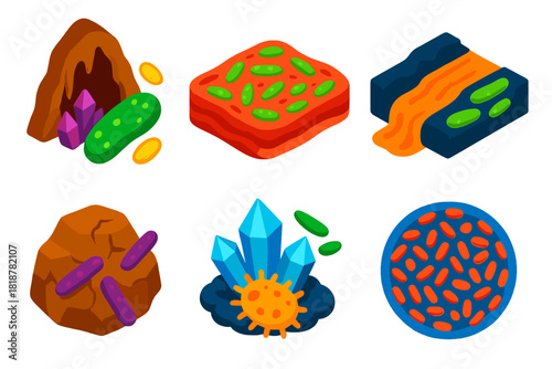 Geomicrobiology Vector Set. Isometric vector illustration set Geomicrobiology: microbial influence on cave minerals, biofilm mats,
