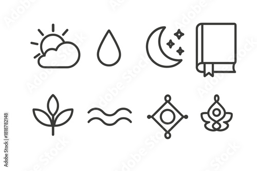 Rural Wisdom Icons. Line style icons of Rural Wisdom: Weather Forecast, Planting Schedule, Tide Chart, Folk Knowledge; Sun, Cloud,