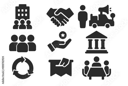 Solid Socialism Icons. Solid style icons of socialism: community building, handshake, group of people, public service icon, shared
