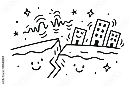 Playful Earthquake Illustration. Playful doodle earthquake mechanics illustration with happy fault lines, cartoon seismic waves