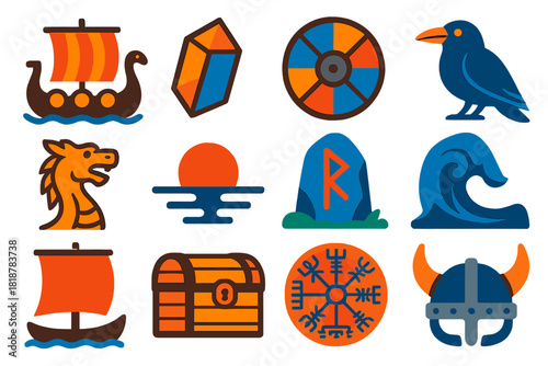 Viking Navigation Icons. Flat vector icons of Viking navigation: longship, sunstone crystal, wooden shield, raven bird, carved