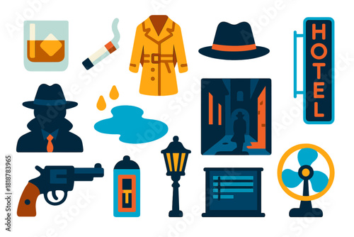 Noir Detective Icons. Flat vector icons of Noir Detective Atmosphere: whiskey glass, cigarette, trench coat, fedora hat, shadowed