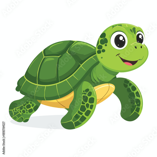 A cartoon turtle with a green shell and yellow belly is walking.
