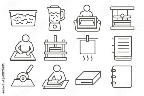 Papermaking Process Icons. Line style icons of papermaking stages: fiber soaking, pulp beating, vat dipping, sheet forming;