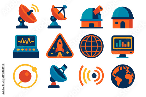 Space Station Icons. Flat vector icons of Space Monitoring Stations: radar antenna, satellite uplink, dome observatory, computer