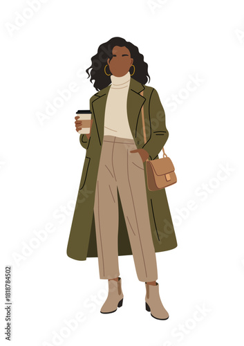 Stylish vector illustration of a woman in a long coat holding a coffee cup. Minimalist fashion design with neutral tones, modern accessories, and chic autumn street style