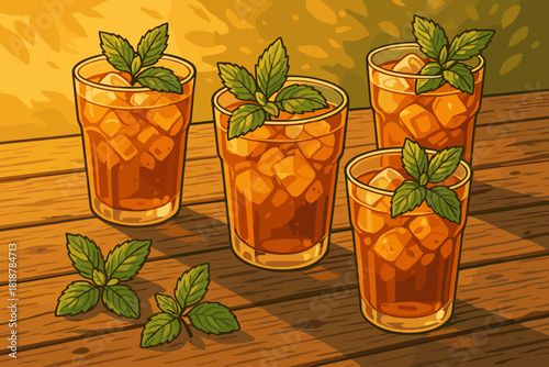 Summer Iced Tea. Rustic wooden table set with glasses of iced tea garnished with fresh mint vector illustration leaves,