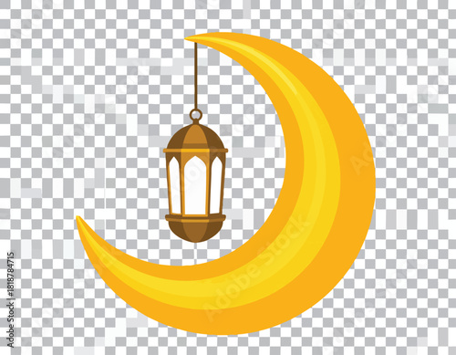 Crescent moon with a hanging lantern against a transparent background, symbolizing Islamic traditions.