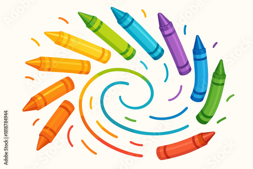 Colorful Crayon Display. Playful rainbow arrangement of colorful crayons on a clean white background, cheerful and dynamic tones,