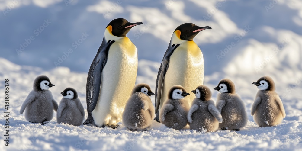 Fototapeta premium A Heartwarming Scene of an Adorable Penguin Family Huddling Together in the Glorious Antarctic Snow