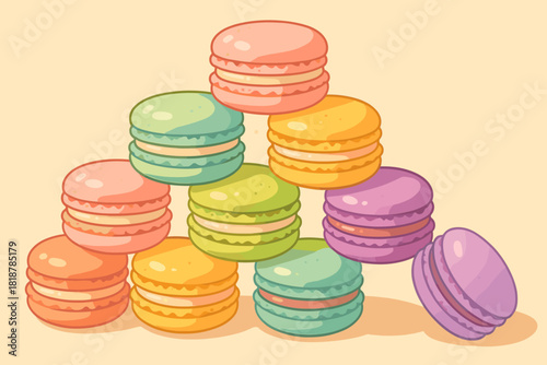 Colorful Macarons Delight. Playful still life of colorful macarons stacked in a vibrant pattern, vector illustration soft natural