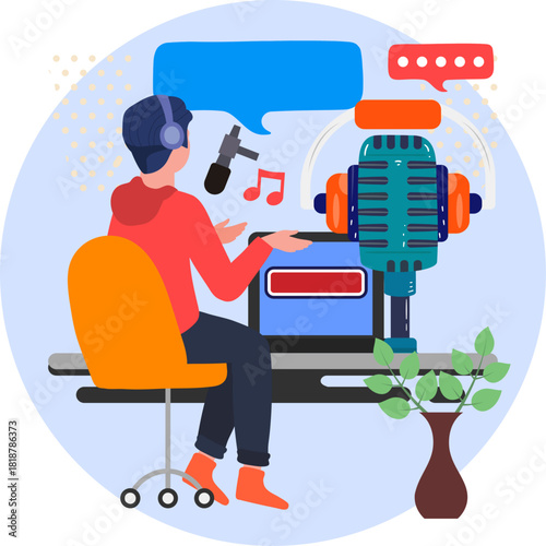 Illustration of Podcaster with Laptop and Microphone