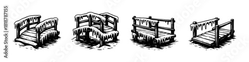 Winter bridge vintage style engraving icons, frozen landscape set
