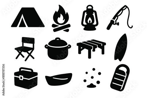 Coastal Night Camping Icons. Solid style icons of Coastal night camp: tent, campfire, lantern, fishing pole, folding chair,