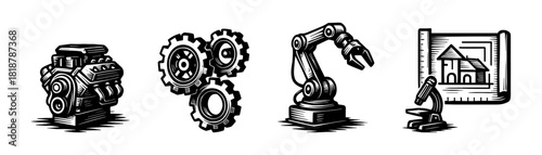 Engineering and technology vintage style, industrial mechanism icons