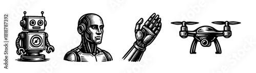 Robots and drone vintage style, futuristic technology icons