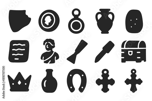 Underwater Artifacts Icons. Solid style icons of underwater artifacts: pottery shard, coin, jewelry, amphora, tablet, sculpture,