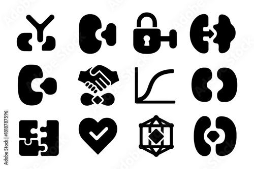 Molecular Recognition Icons. Solid style icons of molecular recognition: receptor-ligand pair, shape complementarity, lock and key