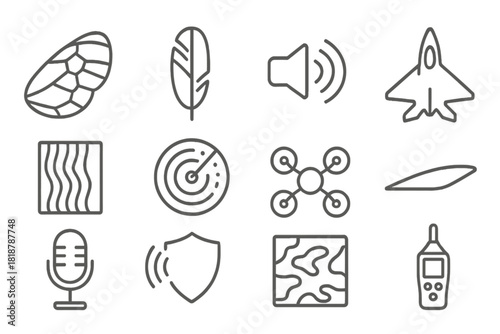 Biomimetic Design Icons. Line style icons of Biomimetic Design: Moth Wing, Owl Feather, Noise Reduction, Stealth Innovation;