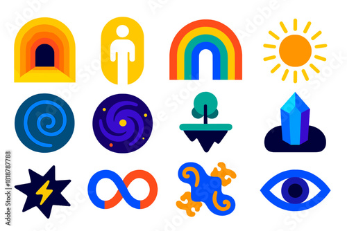 Visionary Icon Set. Flat vector icons of Visionary Experience: tunnel of light, glowing figure, rainbow arch, spiral path, galaxy