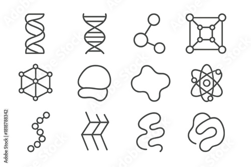 Structural Biology Icons. Line style icons of structural biology: protein helix, DNA strand, molecular bond, 3D lattice; crystal