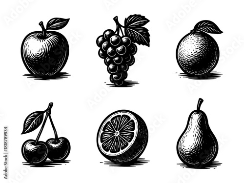 Fruits vintage style engraving icons, healthy food set