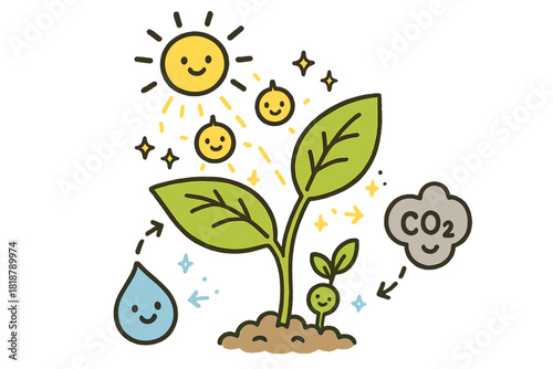 Cheerful Photosynthesis Harmony. Playful doodle photosynthesis efficiency scene with happy plants, cartoon photons entering leaves