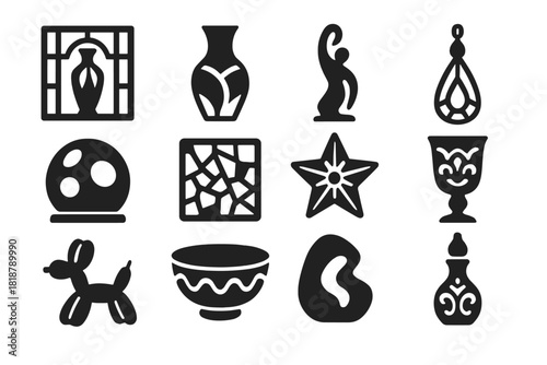 Decorative Glass Art Icons. Solid style icons of decorative glass art: stained glass panel, colorful vase, glass sculpture,