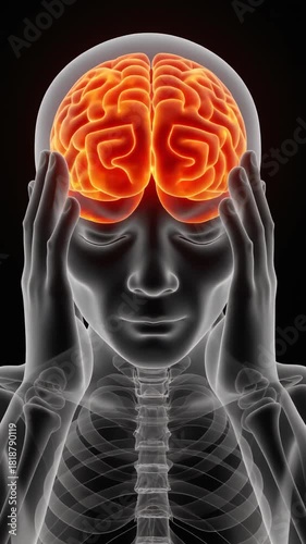 Medical illustration of a person with a highlighted brain and skeleton.