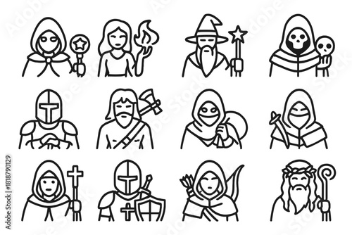 Magical Character Icons. Line style icons of magical characters: warlock, sorceress, wizard, necromancer; knight, barbarian, thief