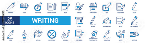 Writing icon set. Containing writing, book, compose, paper and pen, text, writer, stationery, edit, document, draw and more. Blue vector icons collection.
