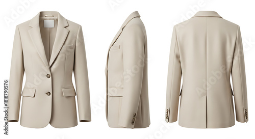 Blank beige women's professional blazer jacket mockup, featuring detailed front, side, and back views ideal for fashion design and apparel presentations