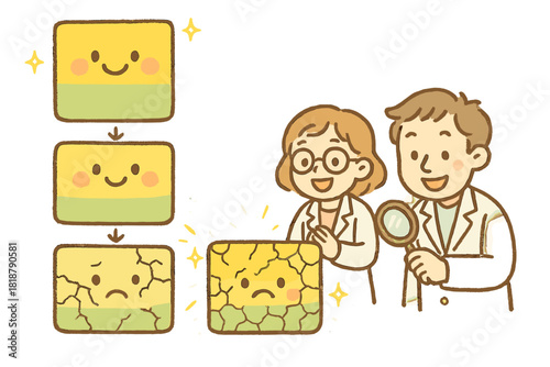 Cheerful Pigment Transformation. Cute doodle pigment degradation process with cheerful paint layers, cartoon cracks and fading