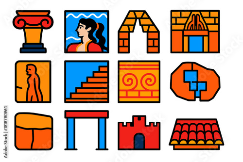 Mycenaean Architecture Icons. Flat vector icons of Mycenaean Architecture Details: column capital, decorated fresco, corbel arch,