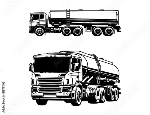 Large Fuel Tanker Truck with Cylindrical Container — Black and White Line Art Illustration