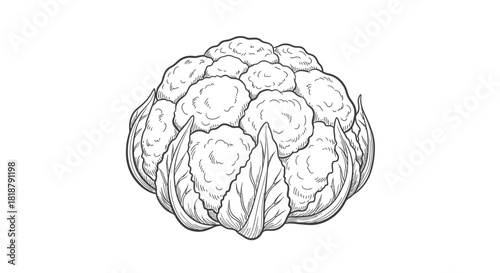 Detailed Black and White Illustration of a Fresh Cauliflower with Leafy Green Base