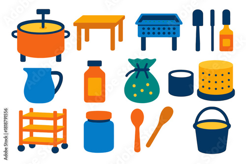 Cheese Workshop Icons. Flat vector icons of Cheese Workshop: cheese vat, wooden table, draining rack, tool set, milk jug, rennet