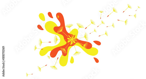 A vibrant abstract illustration featuring a burst of yellow and orange shapes with dandelion seeds floating across a white background.
